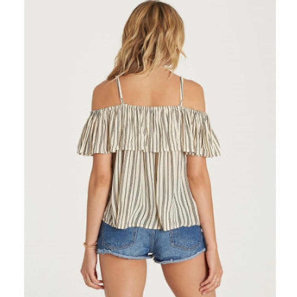 Billabong Black & White Striped 100% Viscose Off The Shoulder Top Sz Lg